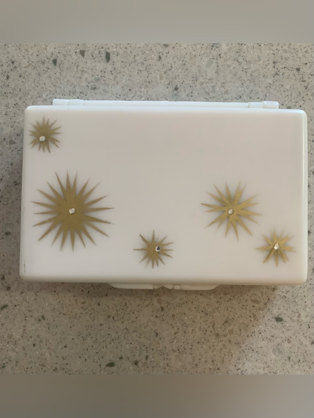 Vintage Tissue Holder Travel Case Compact Mirror White w/ Gold Starburst Retro